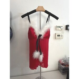 Passion Forever Red Christmas Babydoll Chemise Faux Fur Trim Pom Pom Medium